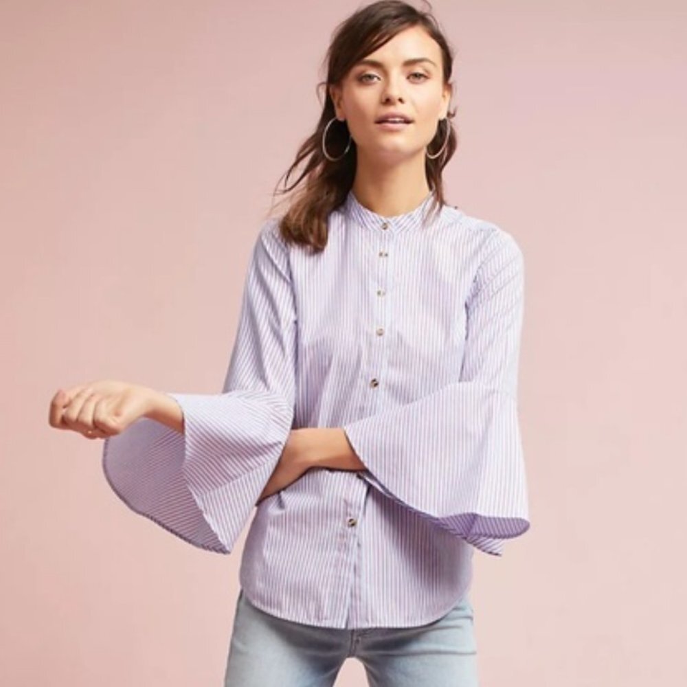 MAEVE | Striped Fluted Bell-Sleeve Poplin Top Sz 0
